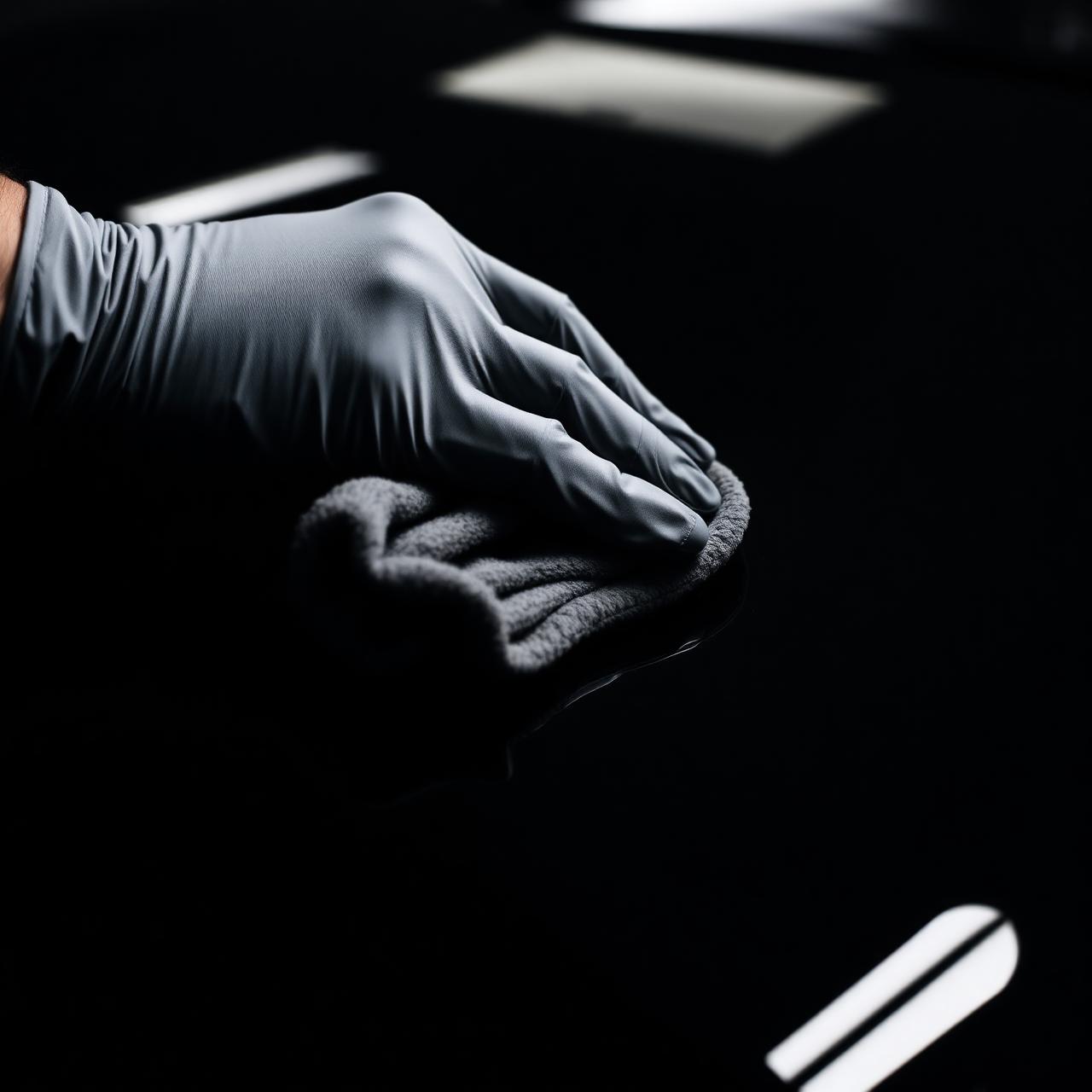 Detailer poliert schwarzes Fahrzeug mit Mikrofasertuch